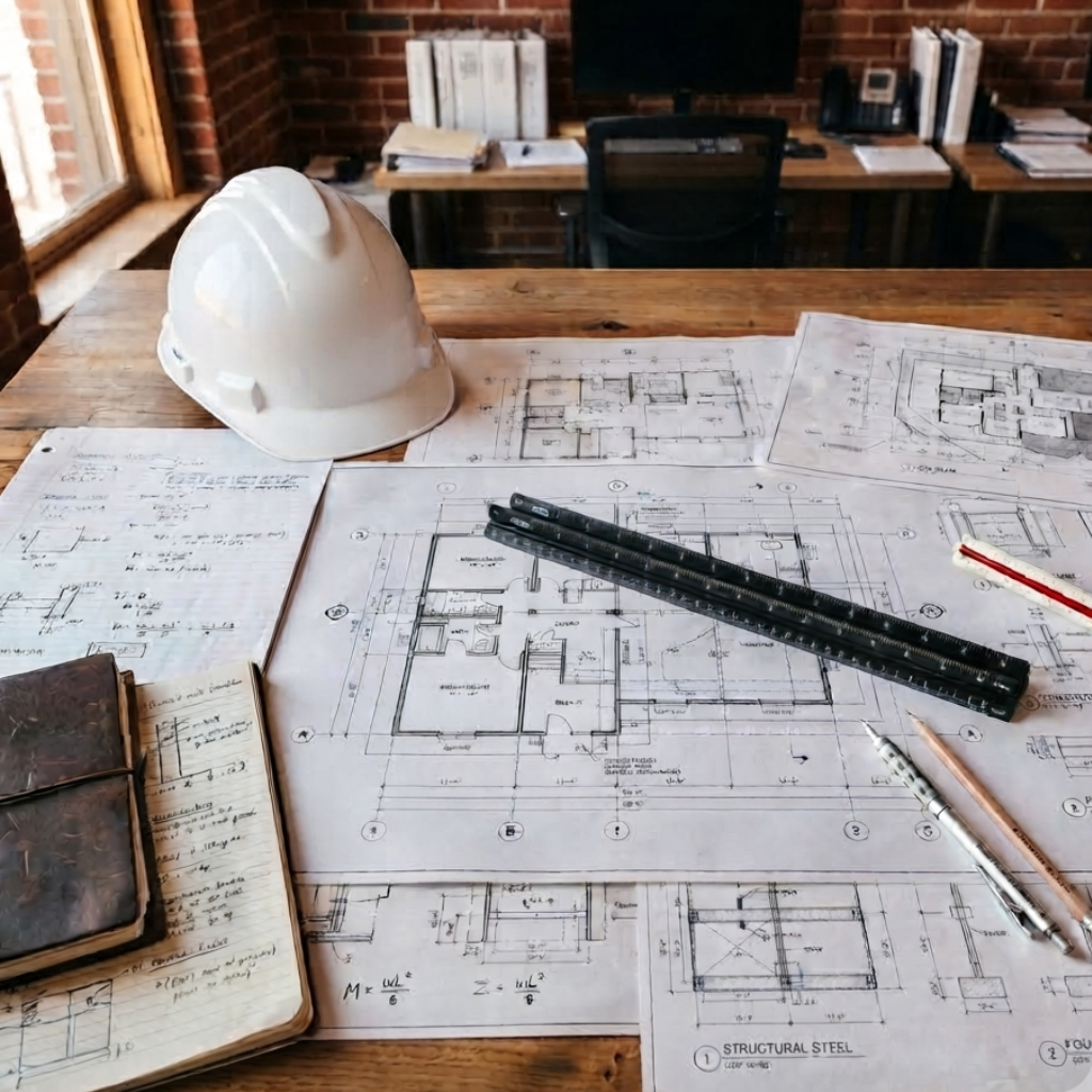 Laudos de engenharia em Navegantes SC com relatórios técnicos, ART e documentação de vistorias sobre a mesa.